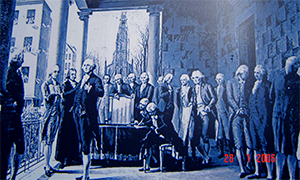 Historical meeting George Washington at Wall Street... New York City In 1913 the year Morgan died (to be succeeded by his son Morgan Jr.) the company built a new bank on the corner it has occupied by 1873-one of Wall street's most valuable sits. With skiscrapers rising on all sides and landvalues skyrocketing, the house of Morgan displayed its fabulous wealth by building its new headquarters no taller than the old-just four stories, trough with foundations strong enough to support a forty-story tower if needed some day